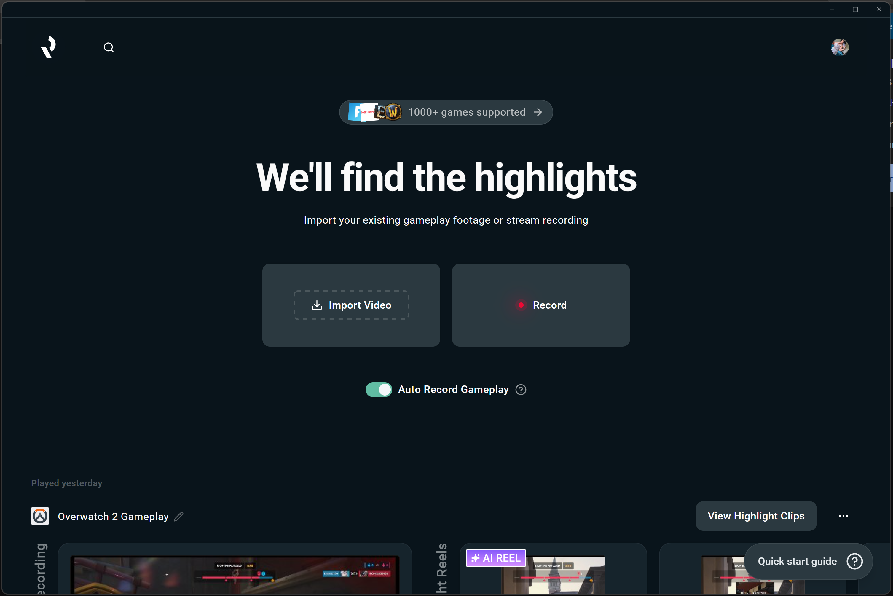 Main page in the Replay app where you can either Record, Import video or view your existing clips